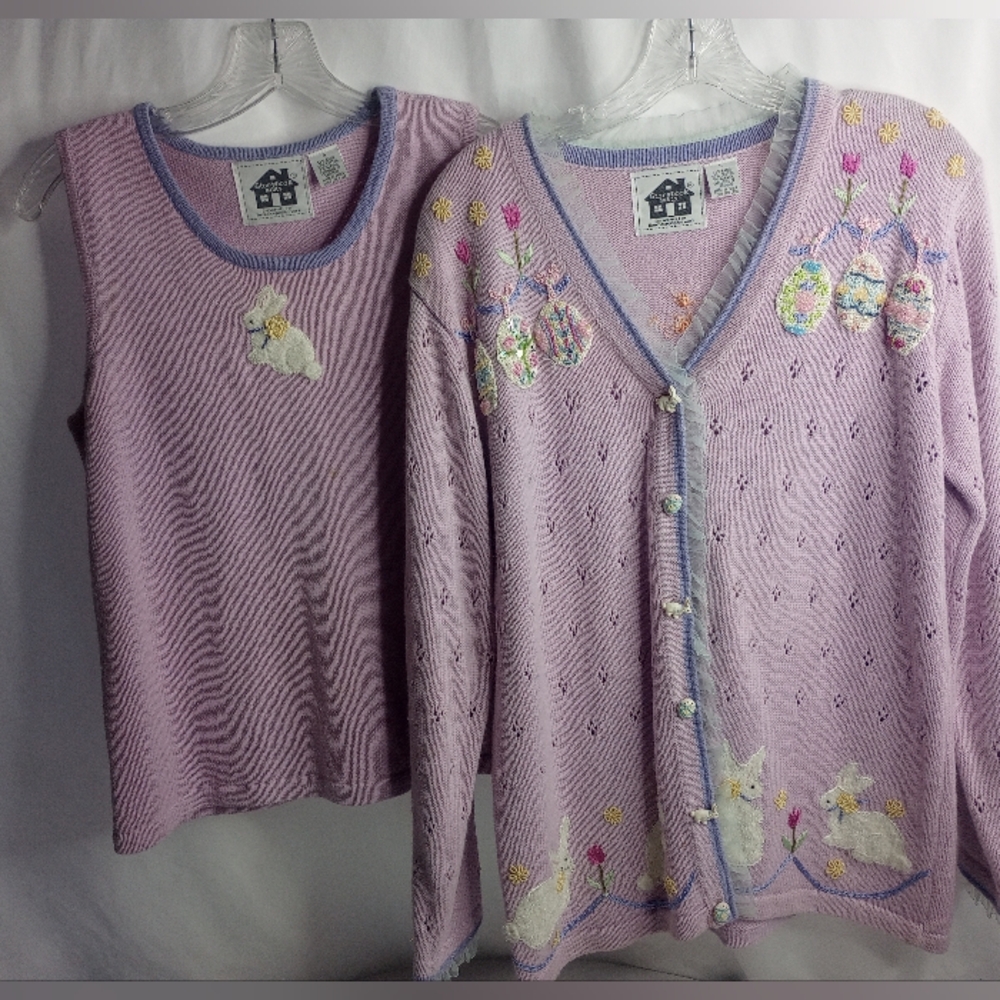 *VTG Storybook Knits Purple Easter Embroidered Cardigan Sweater Size Small